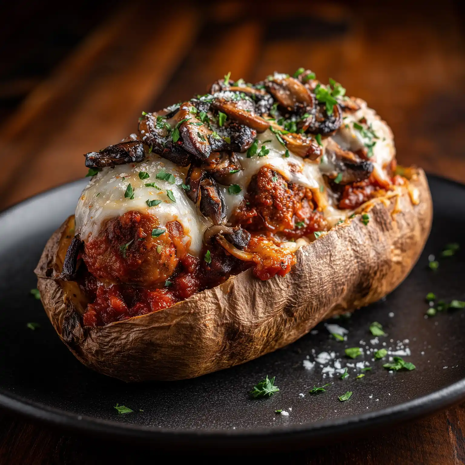 Meatball Fix potato covered in meatballs, mozzarella, caramelized onions, and mushrooms